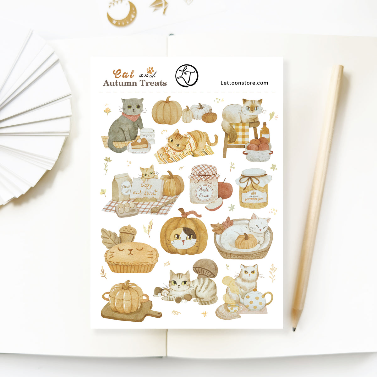 Cat and Autumn Treats sticker sheet with watercolor cats, pumpkins and autumn baking
