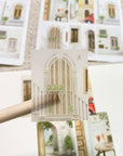 Premium Handmade Sticker Sheet Cozy Doors 105mm x 148mm - a piece on the stick and 2 sheets on the table