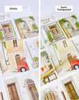 Premium Handmade Sticker Sheet Cozy Doors 105mm x 148mm - 2 different sheets on the table