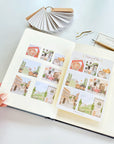Premium Handmade Sticker Sheet Inspired by Italy 105mm x 148mm - 7 pieces and a sheet on the table with a pencil, an opened notebook, a chapter heading