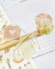 Premium Handmade Sticker Sheet Knitting Crochet 105mm x 148mm - 3 pieces on the stick and a sheet on the table