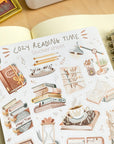 Premium Handmade Sticker Sheet Reading Time 105mm x 148mm - a sheet on the table with an opened notebook