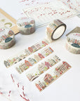 Premium Handmade Washi Tape Amsterdam 15mm x 10m - 4 pieces and 4 washi tapes on the table with 2 pink flower branches, a chapter sheet and 2 cards