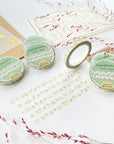 Premium Handmade Washi Tape Chamomile 5mm x 10m - 5 pieces and 6 washi tapes on the table with 2 dark maroon flower branches, a sticker sheet, a chapter heading