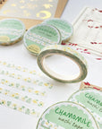 Premium Handmade Washi Tape Chamomile 5mm x 10m - 5 pieces and 6 washi tapes on the table with a dark maroon flower branch, a sticker sheet, a chapter heading, a notebook