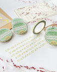 Premium Handmade Washi Tape Chamomile 5mm x 10m - 5 pieces and 6 washi tapes on the table with 2 dark maroon flower branches, a sticker sheet, a chapter heading