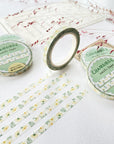 Premium Handmade Washi Tape Chamomile 5mm x 10m - 5 pieces and 5 washi tapes on the table with a dark maroon flower branch, a chapter heading