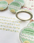 Premium Handmade Washi Tape Chamomile 5mm x 10m - 5 pieces and 6 washi tapes on the table with 2 dark maroon flower branches, a chapter heading