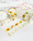 Premium Handmade Washi Tape Chamomile & Sunflower 15mm x 10m - 2 pieces and 6 washi tapes on the table with a pink flower branch, a heading chapter, a sticker sheet