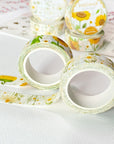Premium Handmade Washi Tape Chamomile & Sunflower 15mm x 10m - 2 pieces and 6 washi tapes on the table with a pink flower branch, a heading chapter, a sticker sheet