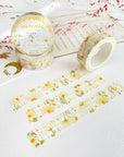 Premium Handmade Washi Tape Chamomile & Sunflower 15mm x 10m - 3 pieces and 3 washi tapes on the table with a pink flower branch, a heading chapter, a sticker sheet