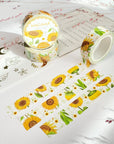 Premium Handmade Washi Tape Chamomile & Sunflower 15mm x 10m - 3 pieces and 3 washi tapes on the table with a pink flower branch, a heading chapter, a sticker sheet
