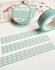 Premium Handmade Washi Tape Choco Mint 15mm x 10m - 3 pieces and 3 washi tapes on the table with a pink flower branch and chapter sheet