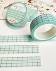 Premium Handmade Washi Tape Choco Mint 15mm x 10m - 3 pieces and 3 washi tapes on the table with a pink flower branch and chapter sheet