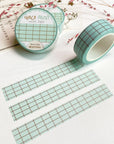 Premium Handmade Washi Tape Choco Mint 15mm x 10m - 3 pieces and 3 washi tapes on the table with a pink flower branch and chapter sheet