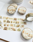 Premium Handmade Washi Tape Cottagecore Vibes 15mm x 10m - 4 pieces and 5 washi tapes on the table with 2 white flower branches, a notebook