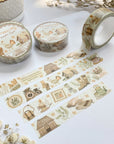 Premium Handmade Washi Tape Cottagecore Vibes 15mm x 10m - 4 pieces and 4 washi tapes on the table with 2 white flower branches, a notebook