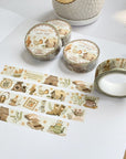 Premium Handmade Washi Tape Cottagecore Vibes 15mm x 10m - 4 pieces and 4 washi tapes on the table with 2 white flower branches, a notebook