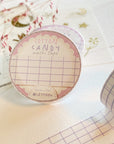 Premium Handmade Washi Tape Cotton Candy 15mm x 10m - a piece and 3 washi tapes on the table with a pink flower branch and chapter sheet