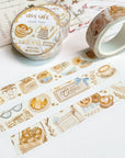 Premium Handmade Washi Tape Cozy Cafe 15mm x 10m - 3 washi tapes on the table with a pink flower branch and chapter sticker sheets