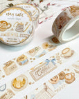 Premium Handmade Washi Tape Cozy Cafe 15mm x 10m - 3 washi tapes on the table with a pink flower branch and chapter sticker sheets