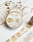 Premium Handmade Washi Tape Cozy Cafe 15mm x 10m - 3 washi tapes on the table with a pink flower branch and chapter sticker sheets