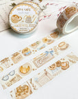 Premium Handmade Washi Tape Cozy Cafe 15mm x 10m - 3 washi tapes on the table with a pink flower branch and chapter sticker sheets