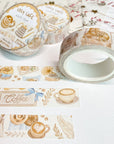 Premium Handmade Washi Tape Cozy Cafe 15mm x 10m - 3 washi tapes on the table with a pink flower branch and chapter sticker sheets