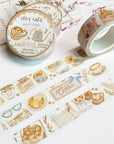 Premium Handmade Washi Tape Cozy Cafe 15mm x 10m - 3 washi tapes on the table with a pink flower branch and chapter sticker sheets