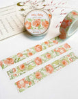 Premium Handmade Washi Tape Cozy Rosie 15mm x 10m - 3 pieces and 3 washi tapes on the table with a pink flower branch and chapter sheet