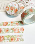 Premium Handmade Washi Tape Cozy Rosie 15mm x 10m - 3 pieces and 3 washi tapes on the table with a pink flower branch and chapter sheet