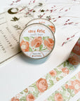 Premium Handmade Washi Tape Cozy Rosie 15mm x 10m - 3 pieces and 3 washi tapes on the table with a pink flower branch and chapter sheet