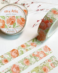 Premium Handmade Washi Tape Cozy Rosie 15mm x 10m - 3 pieces and 3 washi tapes on the table with a pink flower branch and chapter sheet