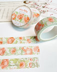 Premium Handmade Washi Tape Cozy Rosie 15mm x 10m - 3 pieces and 3 washi tapes on the table with a pink flower branch and chapter sheet