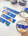 Premium Handmade Washi Tape Cozy Winter 20mm x 10m - 4 pieces and 4 washi tapes on the table with a dark maroon flower branch, a chapter heading