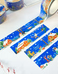 Premium Handmade Washi Tape Cozy Winter 20mm x 10m - 4 pieces and 3 washi tapes on the table with a dark maroon flower branch