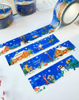 Premium Handmade Washi Tape Cozy Winter 20mm x 10m - 4 pieces and 4 washi tapes on the table with a dark maroon flower branch