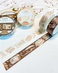 Premium Handmade Washi Tape Dark Light Academia 15mm x 10m - 2 pieces and 6 washi tapes on the table with a pink flower branch and chapter sheet