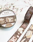 Premium Handmade Washi Tape Dark Light Academia 15mm x 10m - 3 pieces and 3 washi tapes on the table with a pink flower branch and chapter sheet