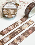 Premium Handmade Washi Tape Dark Light Academia 15mm x 10m - 3 pieces and 3 washi tapes on the table with a pink flower branch and chapter sheet