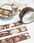 Premium Handmade Washi Tape Dark Light Academia 15mm x 10m - 3 pieces and 3 washi tapes on the table with a pink flower branch and chapter sheet