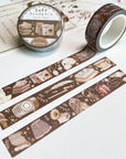 Premium Handmade Washi Tape Dark Light Academia 15mm x 10m - 3 pieces and 2 washi tapes on the table with a pink flower branch and chapter sheet