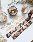 Premium Handmade Washi Tape Day & Night Reading 15mm x 10m - 4 pieces and 6 washi tapes on the table with 2 white flower branches