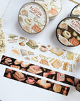 Premium Handmade Washi Tape Day & Night Reading 15mm x 10m - 4 pieces and 4 washi tapes on the table with a white flower branch