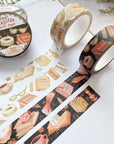 Premium Handmade Washi Tape Day & Night Reading 15mm x 10m - 4 pieces and 4 washi tapes on the table with a white flower branch