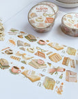Premium Handmade Washi Tape Day & Night Reading 15mm x 10m - 4 pieces and 3 washi tapes on the table with a white flower branch