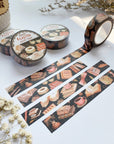 Premium Handmade Washi Tape Day & Night Reading 15mm x 10m - 4 pieces and 4 washi tapes on the table with a white flower branch