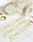 Premium Handmade Washi Tape Days of The Week 15mm x 10m - 3 pieces and 3 washi tapes on the table with 2 pink flower branches, a heading chapter, a sticker sheet
