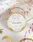 Premium Handmade Washi Tape Days of The Week 15mm x 10m - 2 washi tapes on the table with 2 pink flower branches, a heading chapter, a sticker sheet
