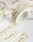 Premium Handmade Washi Tape Days of The Week 15mm x 10m - 3 pieces and 3 washi tapes on the table with a pink flower branch, a heading chapter